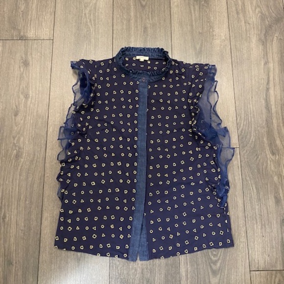 Manoush Navy Gold Ruffled Sleeveless Top Size 4 - Picture 1 of 8